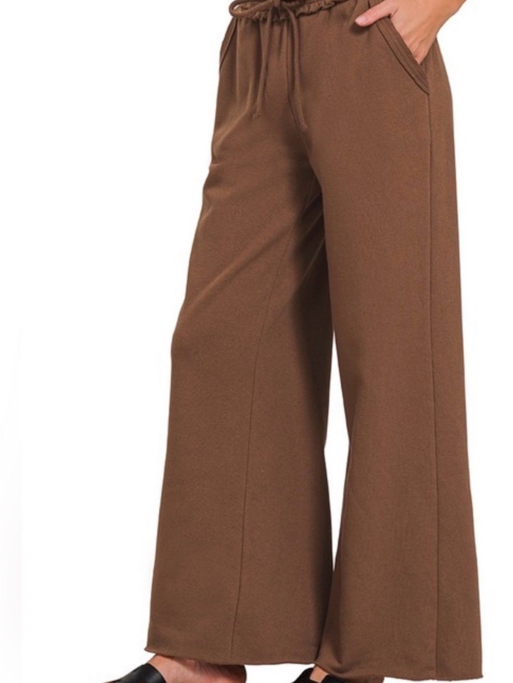 Zenana French Terry Wide Leg Drawstring Pants - Brown